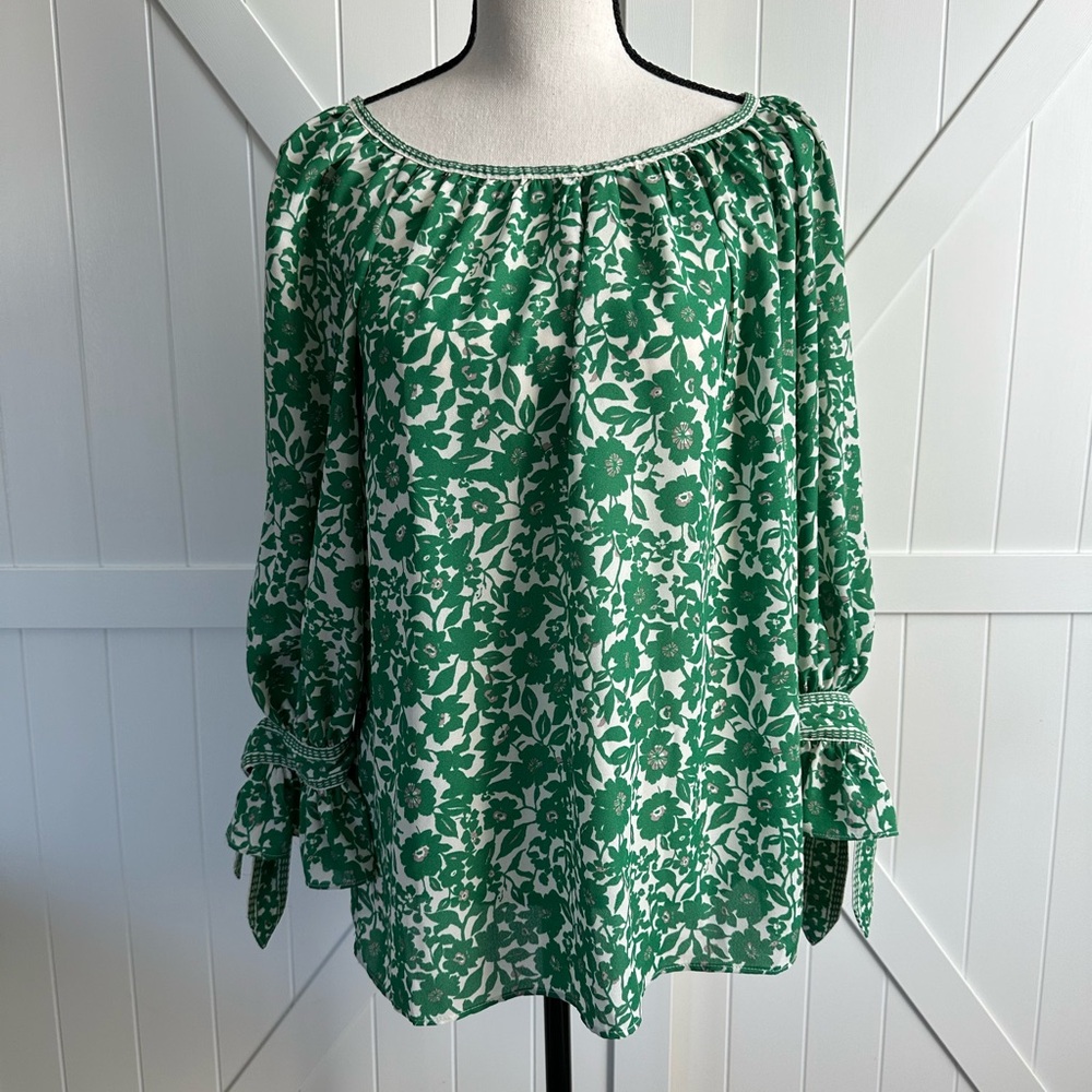 Max Studio London Green Floral Peasant Blouse Tie Sleeve Boho Small Top